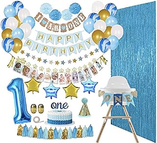 ReignDrop Baby Boy 1st Birthday Decorations Set  First Birthday Party Supplies - Happy Birthday,12 Month Photo, I am One Banner - High Chair Decoration  With Poms, Balloons, Backdrops, Hat and more