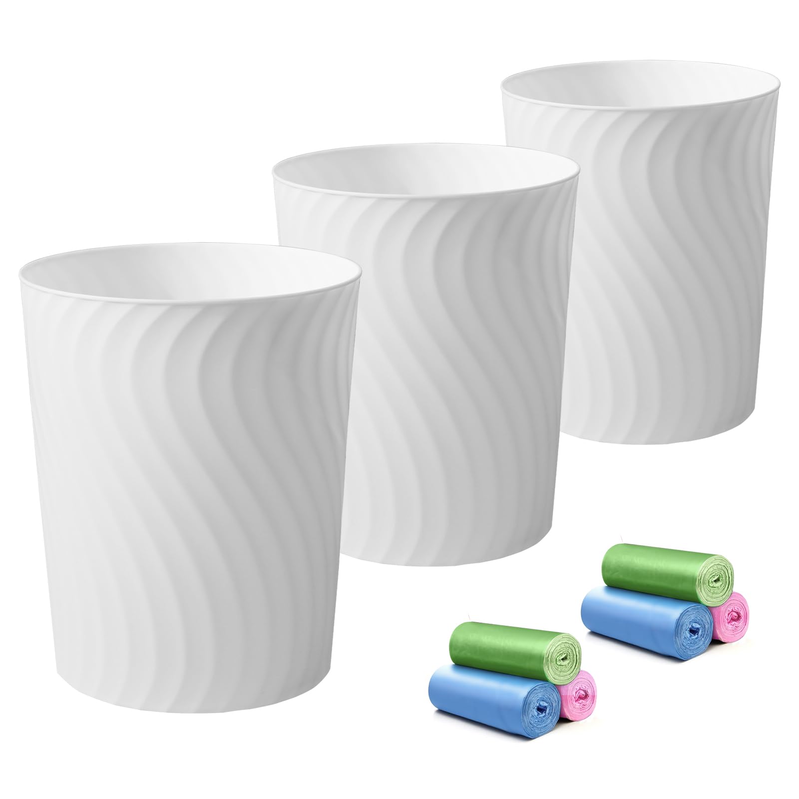 YGJT Lot de 3 Poubelles en Plastique avec 6 Rouleaux de Sacs Poubelle | LCorbeille à Papier 7 L - pour Bureau, Salle de Bain, Cuisine ou Chambre, Format Compact 24,9 x 20 x 16,5 cm Blanc