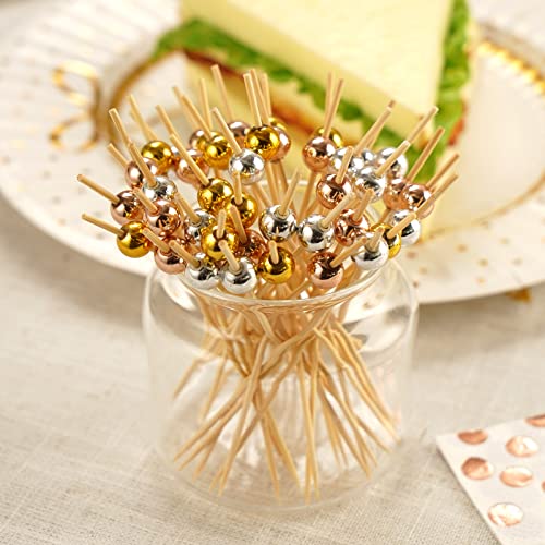Decorwoo 100 Counts Cocktail Picks, Fancy Toothpicks For Appetizers, Tricolor Pearl Food Picks Wooden Sticks For Party Supplies - 4.7 Inch (Gold, Rosegold, Silver, Total 100) #TOP1