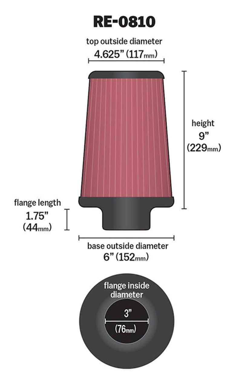 K&N RE-0810 Waschbarer und wiederverwendbarer KFZ und Motorrad Gummi Universalluftfilter, 3x9 inches