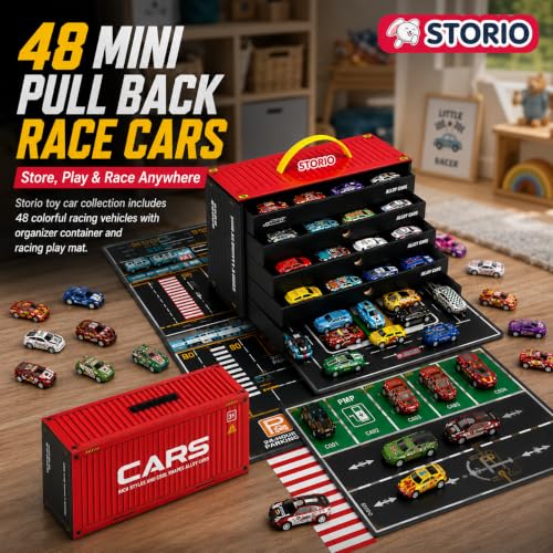 Image of Storio 48 Pull Back Toy Cars Set for Kids with Storage Container & Play Mat, Metal Mini Race Cars, Car Carrier Organizer Box, Party Favors for Boys Girls Age 3-8 Years
