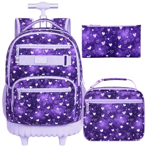 Image of 3Pcs Rolling Backpack for Girls Teens, 19 inch Wheeled Backpack with Lunch Box, Polka Dots Travel Roller Backpack for Women College Students (Purple)