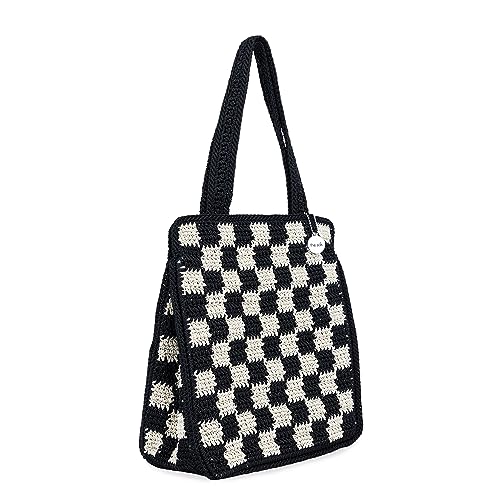 The Sak Ellen Insulated Tote in Crochet, Double Handle Straps, Black Check2