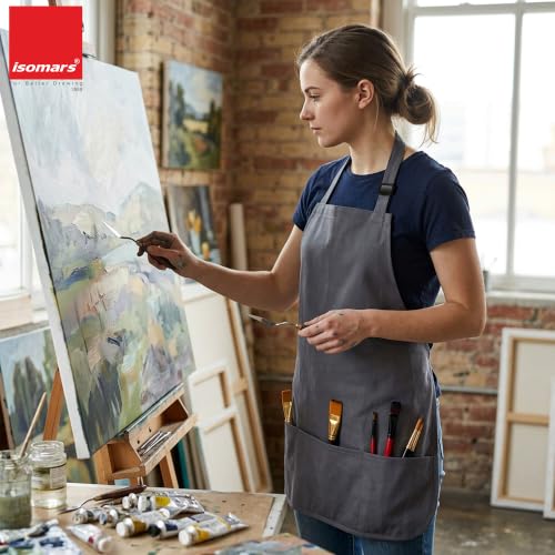 Image of Isomars Painter's Apron - Grey Canvas Art Apron for Artists, Painters, Students & Crafters - Size: Regular - 23.5 inch x 24.5 inch