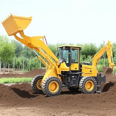 Backhoe Loader Compact Backhoe with Hydraulic Front Loader and Rear Excavator Arm, Mini Tractor Wheel Backhoe Loader for Construction and Farm Trenching Work