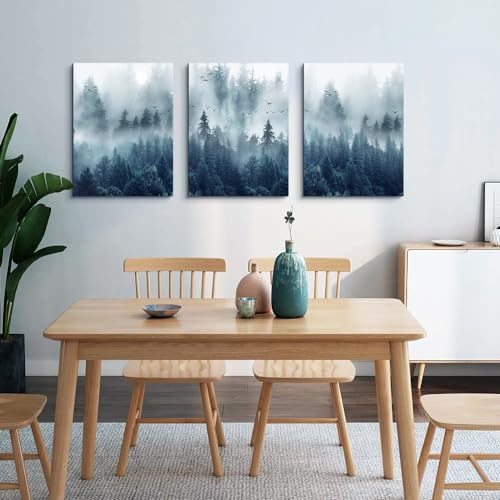 DZRWUBHS Framed Canvas Wall Art - Misty Forests Tree Wall Painting, 3 Piece Set, Ready to Hang for Living Room, Bedroom, Office