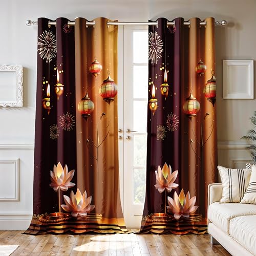 Image of Ultimate Trends Festival Themed Light Filtering Polyester Curtain Diya, Lantern, Lotus & Fireworks Print | Ideal for Diwali, Pooja Room, Living Room Dcor | Eyelets|, 9 FEET (Pack of 1)