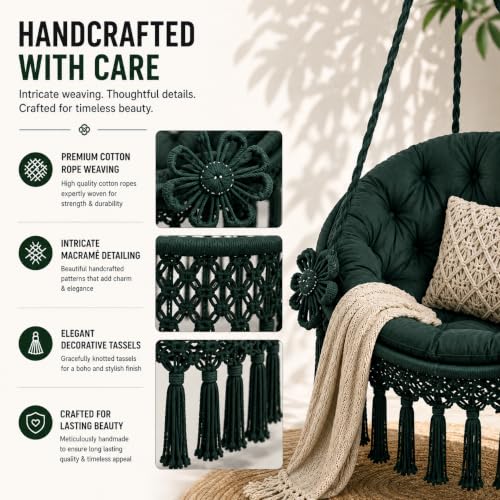 Image of Premium King Size Hammock Chair Swing with Cushion, 200kg Capacity | Indoor Outdoor Heavy Duty Adults & Kids Hanging Jhula for Home, Garden, Patio & Balcony | 1Yr Warranty (Bottle Green)