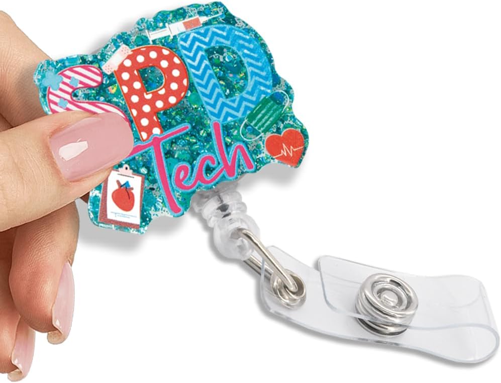 SPD Tech Glitter Retractable Reel ID Card Clip, Funny Mask ECG Band-Aid Badge Reel Gifts For Nurse Doctor SPD Technician Tech Surgical Processing Tech Gifts, Future Technician Graduation Gifts
