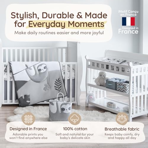 Image of Neutral Baby Crib Bedding Set Boy 28 inchx52 inch, 8 inch Deep Pocket - 5 pcs Baby Bedding Set with Comforter, 2 Crib Sets for Boys Cotton Fitted Sheets, Skirt, Changing Pad Cover - White & Gray