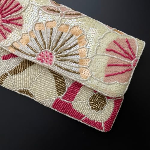 Image of Enliven Beaded Clutch Bag for Women | Pink Floral Handcrafted Evening Purse | Elegant Beaded Handbag for Weddings, Parties & Special Occasions | Compact, Stylish & Durable