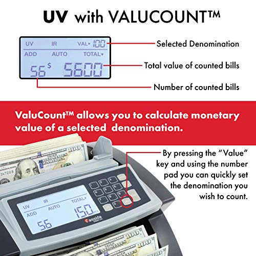 Cassida 5520 UV - USA Money Counter with UV/IR Counterfeit Detection - Bill Counting Machine w/ ValuCount, Add and Batch Modes - Large LCD Display & Fast Counting Speed 1,300 Notes/Minute - Thumbnail 2