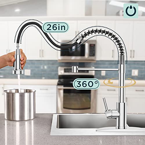 Forious Kitchen Faucet With Pull Down Sprayer, Commercial Spring Kitchen Sink Faucet With Pull Out Sprayer, Single Handle Kitchen Faucets With Deck Plate, Chrome #TOP3