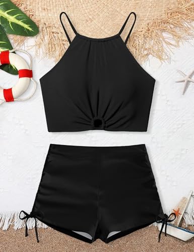 Image of BAVADER Girls Swimsuit 2 Pcs Solid Color Cutout Tankini with Shorts Drawstring Bathing Suit for Girls Swimwear 7-14Y