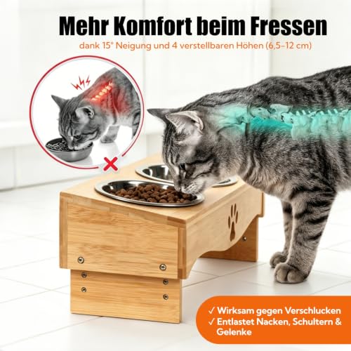 JUJOYBD Katzennapf 3er Set Futterstation 15° Neigung, 4 Höhe verstellbar