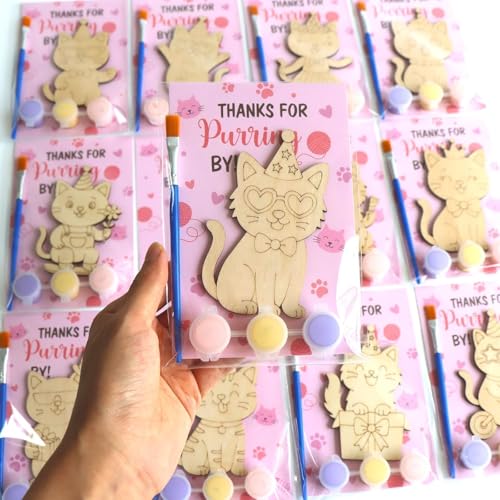 BOIKOKY 12 Pack Cat Party Favors for Kids - Individually Wrapped Paint Your Own Wooden Magnet Kits, Cute Pink Kitten Themed Party Supplies for Girls