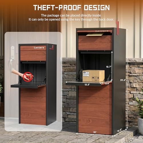 Image of Merapi Large Parcel Drop Box for Outside - Fully Assembled Package Delivery Box with Rear Access - Weather-Resistant Galvanized Steel Locking Mailbox for Porch & Curbside (Oak-Grain Steel)