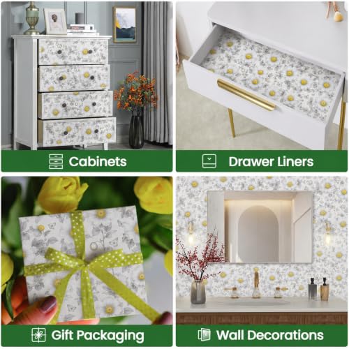 Image of White & Grey Floral Peel and Stick Wallpaper - Minimalist Botanical Self Adhesive Wallpaper with Yellow Flower Accents for Bedroom, Living Room, Kitchen, Office, Cabinets