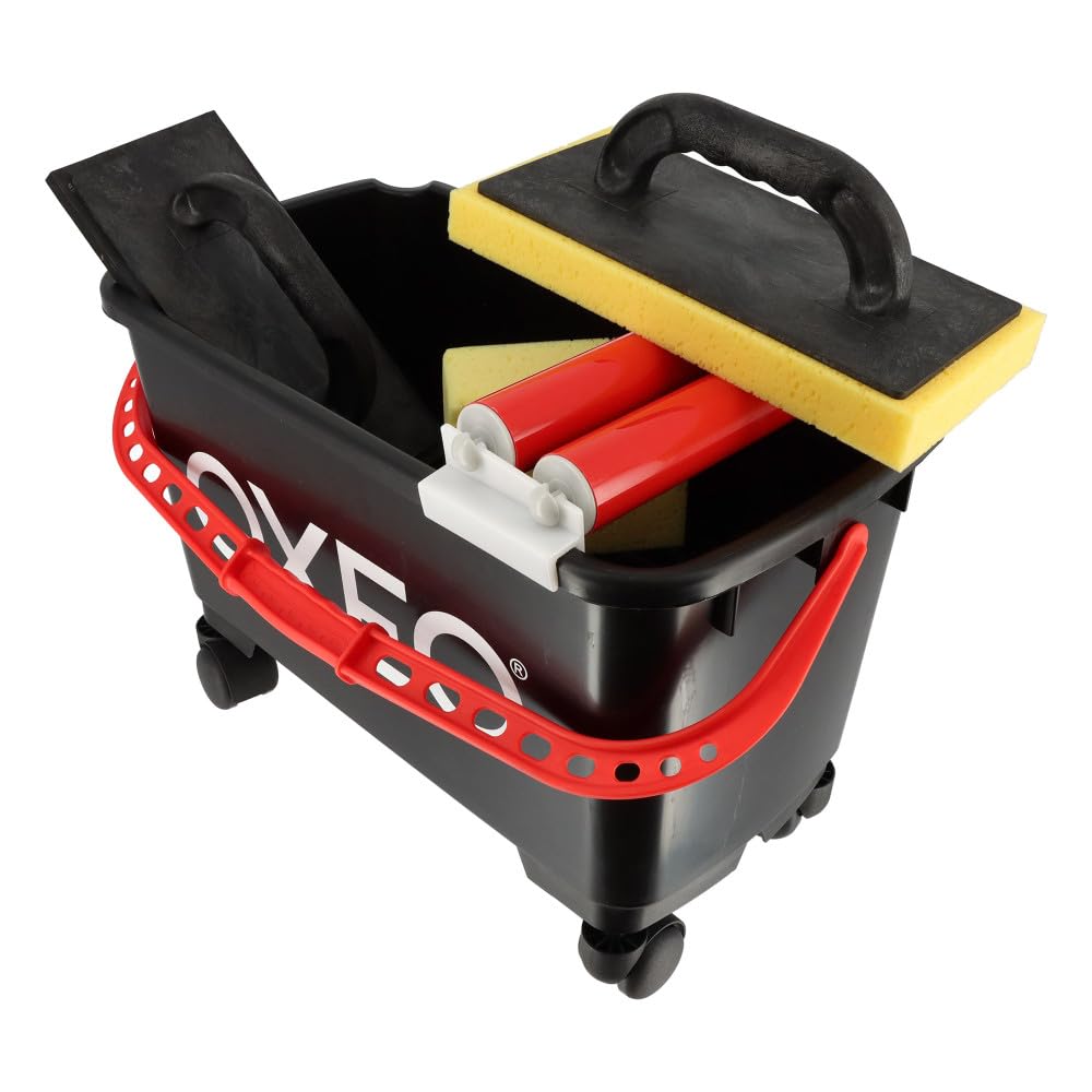 Kit de lavage spécial joints de carrelage pour carreleur - Bac 24L sur roulettes - Taloche éponge - Platoir à jointer - Éponge