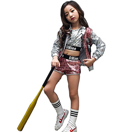 Voleseni™ Costume de danse jazz hip-hop moderne à paillettes pour enfants (rose, 130 cm) Cover