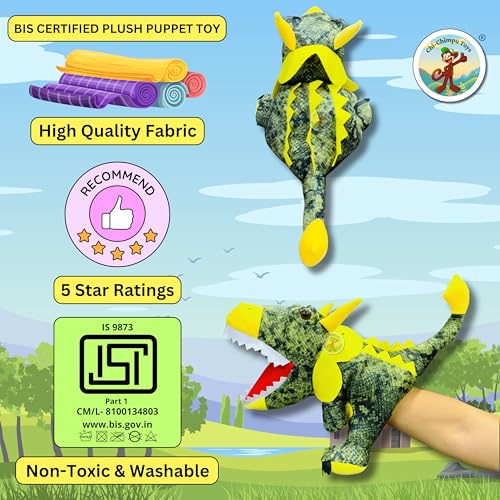 Image of Chi-Chimpu's Open Mouth Triceratops Dinosaur Hand Puppet for Kids | Soft Plush Animal Puppet for Storytelling Fun Learning Puppets Toy with Movable Mouth | Interactive Pretend Play | Spotted Green
