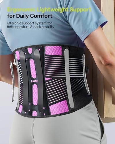 Image of Rakiie Slim Back Brace for Lower Back Pain Relief, Lightweight & Breathable Back Support Brace for Men Women, Ergonomic Light Lumbar Support for Everyday Wear, Pink L | Breathable Lightweight Design, Ergonomic Support, Relieves Lower Back Pain, Everyday Wear, Fits Men /Women, Pink, L