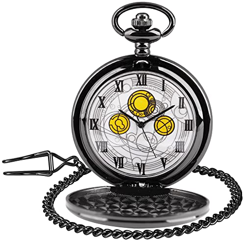 Tiong Doctor Who Pocket Watch with Black Case Vintage Quartz Pocket Watch with Chain Mens and Boys