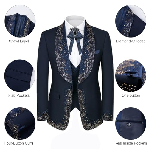 Mens Luxury 3 Pieces Suit with Rhinestone Slim Fit Shawl Lapel Blazer Jacket Vest Pants Set for Prom,Party,Dinner3