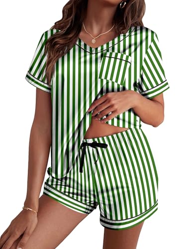 Image of Ekouaer Silk Pajama for Women Short Sleeve Satin Pj Set Two Piece Soft Sleepwear Loungewear S-XXL