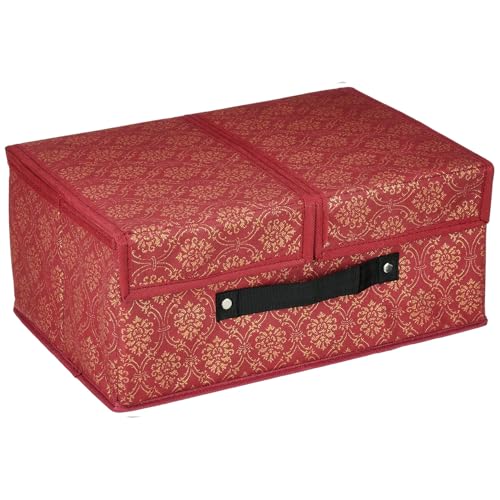 Image of Amazon Brand - Solimo Double Lid Foldable Storage Box | Toys Storage Bin | Wardrobe organizer for Clothes | Front Handle | Stackable Rack | 36 x 25 x 16 cm (Golden Print, Maroon)