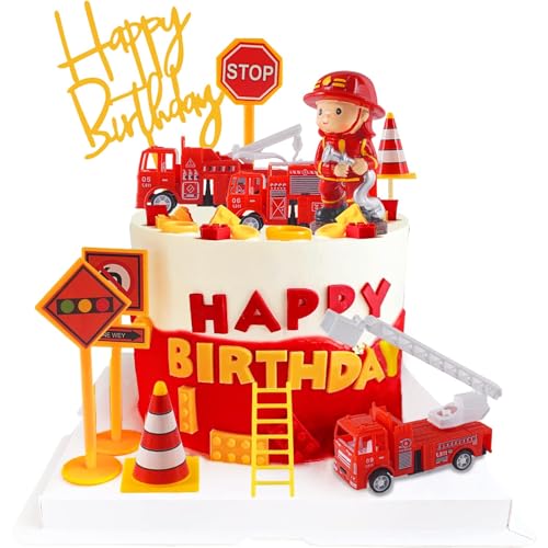 Décoration Gateau Pompier, Pompier Figurine Gâteau, Pompier Deco Gateau Anniversaire, Décoration de Gâteau de Camion de Pompier, Pompier Cake Topper,...
