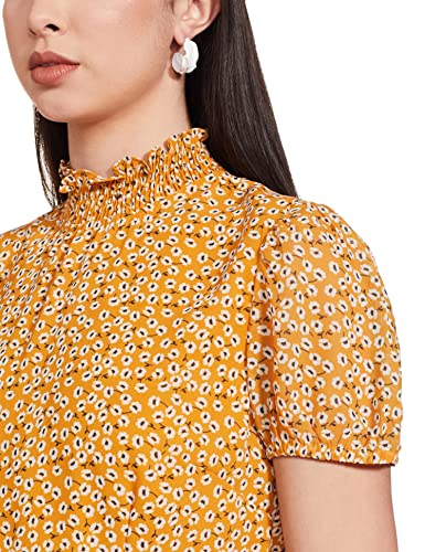 Image of FabAlley Women's Georgette Skater Regular Yellow Floral Belted High Neck Dress