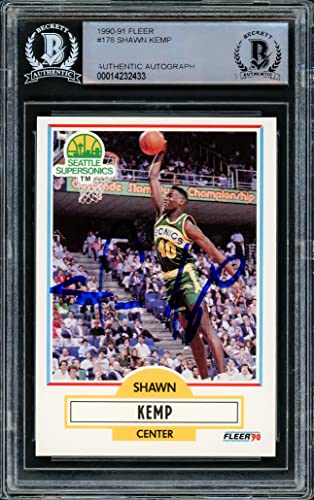 Shawn Kemp Autographed 1990-91 Fleer Rookie Card #178 Seattle Super Sonics Beckett BAS Stock #182002 - Basketball Autographed Cards