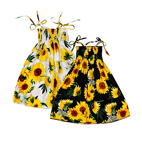 Girls Sunflower Summer Dress Bohemian Floral Sleeveless Sundress | Casual Beach Strap Dresses with Necklace Outfit2