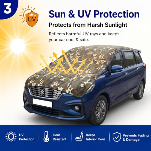 Image of Pivalo Half Car Body Cover for MUV Cars (All Models & Years) | 100% Waterproof Outdoor UV & Heat All Weather Protection | Triple Stitched 3 Layer with Adjustable Straps Cover (Military /Army)