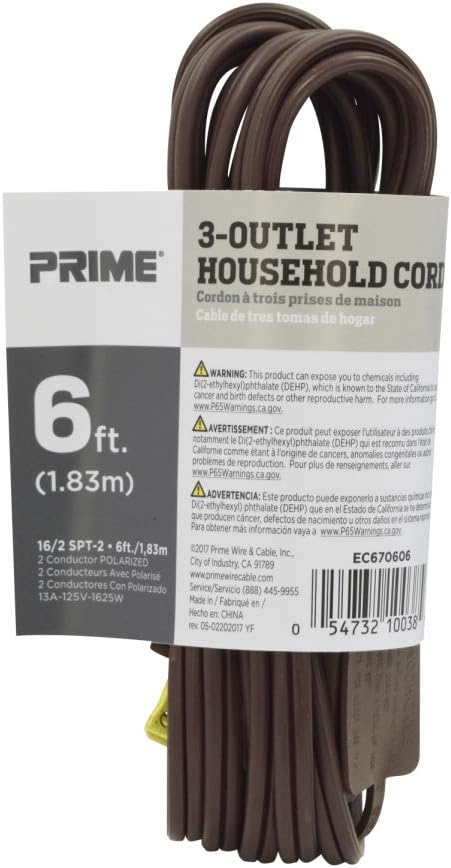 Prime Wire & Cable EC670606 6-Foot 16/2 SPT-2 3-Outlet Indoor Cord, Brown