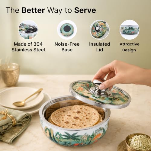 Image of The Better Home Insulated Casserole Serving Bowl | Stainless Steel Food Grade | Capacity 1500ml Printed Design Easy to Clean Double Wall Insulation Hot Food Storage Tureen | 1 Pack