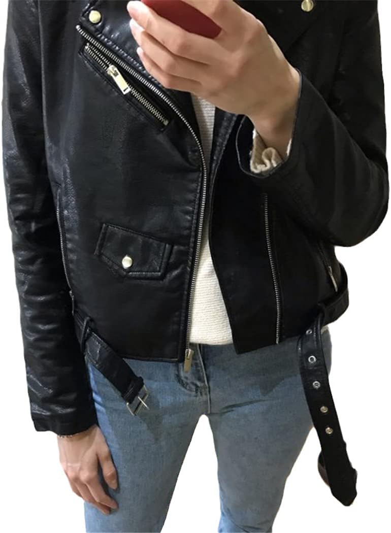 KEHAIOO Women Pu Leather Jacket, Bright Color Black Motorcycle Coats, Short Faux Leather Biker Soft Coat
