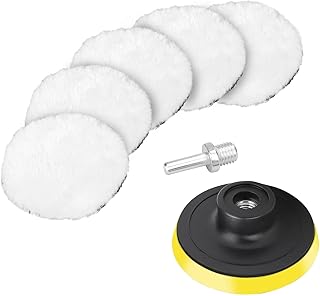 7 PCS 4 Inch Wool Polishing Buffing Pad, Polishing Buffing Wheel with Hook and Loop Back for Drill Buffer Attachment with M14 Drill Adapter Car Buffer Polisher Kit for Car Polishing, Waxing, and More