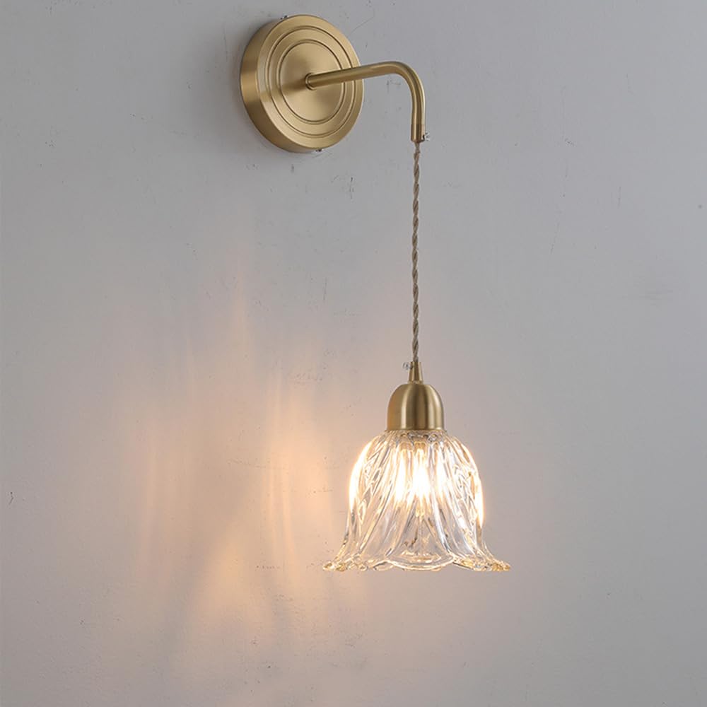 KBUUKYYXouy Brass Wall Sconce Flower Glass Wall Light Fixtures Hardwired Nordic Mid Century Modern Wall Mounted Vintage Gold Industrial Antique Wall Lamp for Bedroom Living Room Farmhouse Headboard