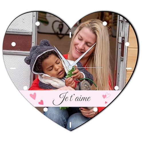 Horloge Murale Photo Personnalisée en Forme de Cœur, 40 cm x 36 cm, personnalisable avec vos photos, texte. Personnalisé le visuel, les aiguilles, Décoration Intérieure, cadeau fête des mères