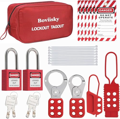 Boviisky Lockout Tagout Kit with Red Safety Padlocks, Hasps Set, Loto Tags, Electrical Lock Out Tag Out Kits, Keyed Different, 2 Keys Per Locks, 7162