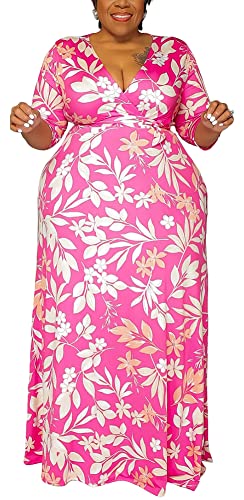 Image of BFFBABY Women's Wrap V Neck Plus Size Maxi Dresses 3 /4 Sleeves Chain Floral Printed Swing Dress with Belt
