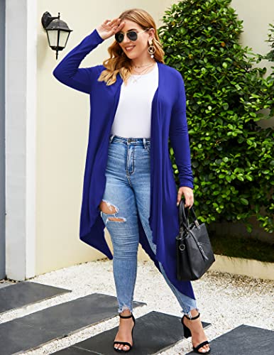 IN'VOLAND Women's Plus Size Cardigan Long Sleeve Open Front Drape Cardigans Lightweight Long Duster Royal Blue - Thumbnail 2