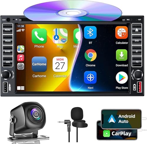 Double Din Car Stereo Radio with CD/DVD Player, Voice Control Carplay & Android Auto, 7 inch Car Audio with HD Touchscreen, Bluetooth, Mirror Link, Backup Camera, SWC, FM/AM, USB/SD, A/V Input