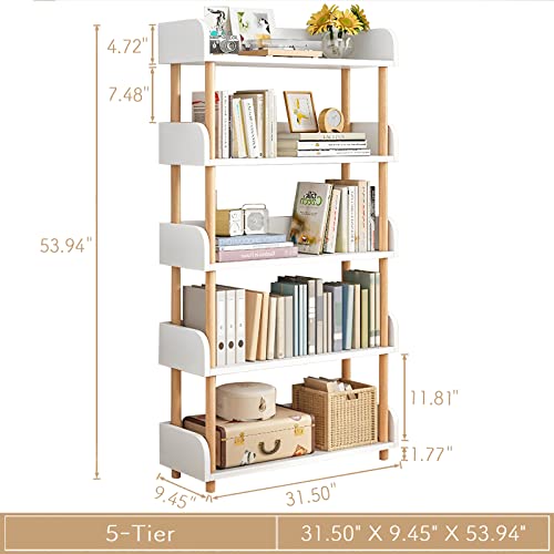 Oschf 5-Tier Wooden Open Bookcase - Modern Display Bookshelf With Top Edge And Solid Wood Frame For Home And Office, Storage Cabinet, Warm White #TOP1