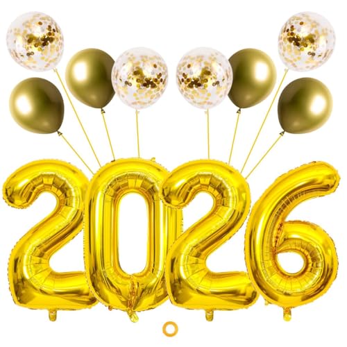 Jxuzh Kit de ballons de réveillon 2026 Or, ensemble de ballons gonflables réveillon 2026 Or - XXL ballon feuille chiffres 2026 (80 cm) + ballons en latex et paillettes - Décoration pour fête du Nouvel