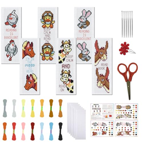 FREEBLOSS 6 Set Cross Stitch Bookmark Kit, Farm Animals Pattern DIY Bookmarks Cross Stitch Kits for Beginners, Stamped Embroidery Bookmarks, Cross Stitch Kits for Adults