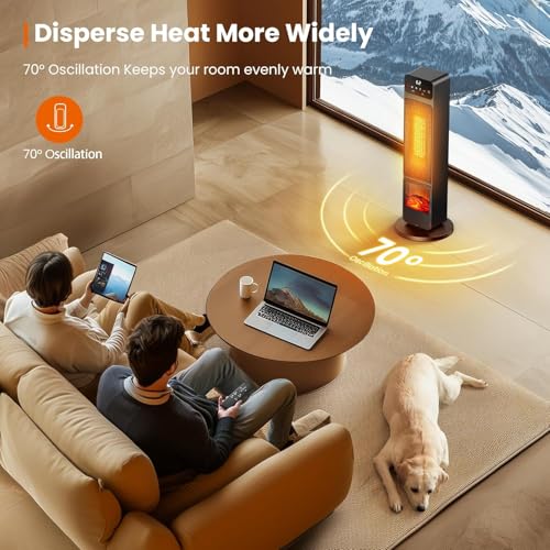 Tower Fan and Heater Combo, 1500W PTC Electric Fireplace Heater W/ 3D Flame, 70° Oscillation Space Heater Fan Combo for Indoor Use, Child Lock & Eco Mode, 12h Timer, Remote Control, Home & Office