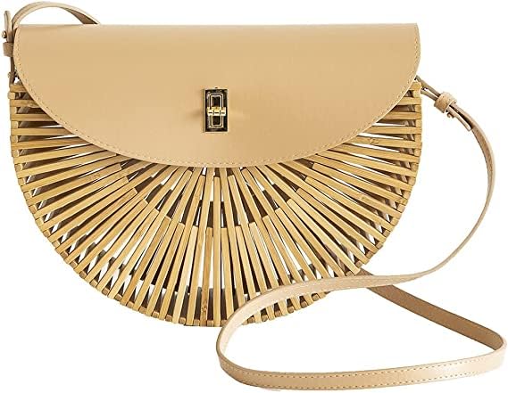 Image of Handwoven Bamboo Bag Summer Straw Purse Crossbody Bags for Women Natural Handmade Beach Bamboo Purse with Leather Strap